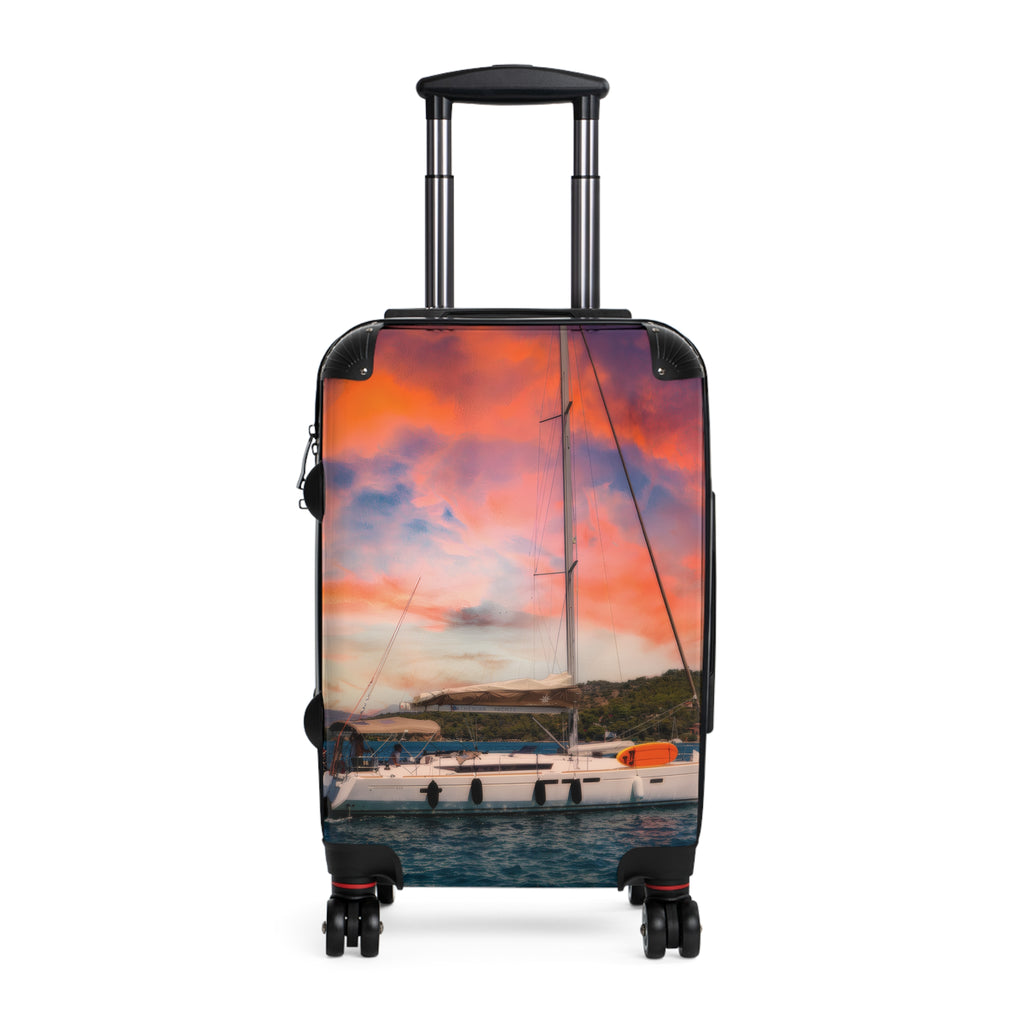 Luxury Yacht Sunset Suitcase, Mediterranean Sailing Travel Luggage, Vibrant Orange Sky Vacation Bag, Nautical Artist Design Cabin Suitcase