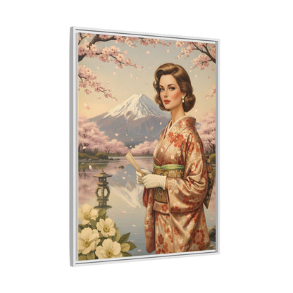 Framed Matte Canvas Art — Vintage Geisha in Kimono with Mount Fuji