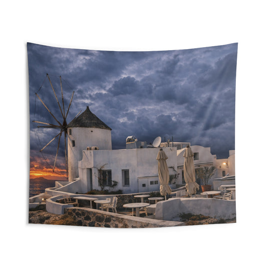 Oia Santorini Windmill Tapestry — Sunset Mediterranean Landscape Wall Hanging