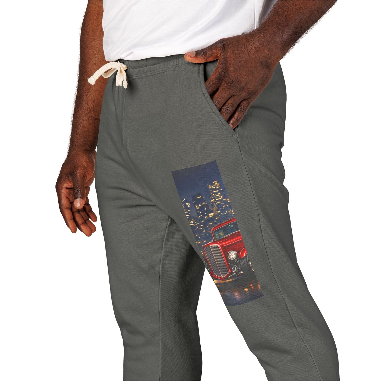 Retro Red Car City Night Print Men's Joggers