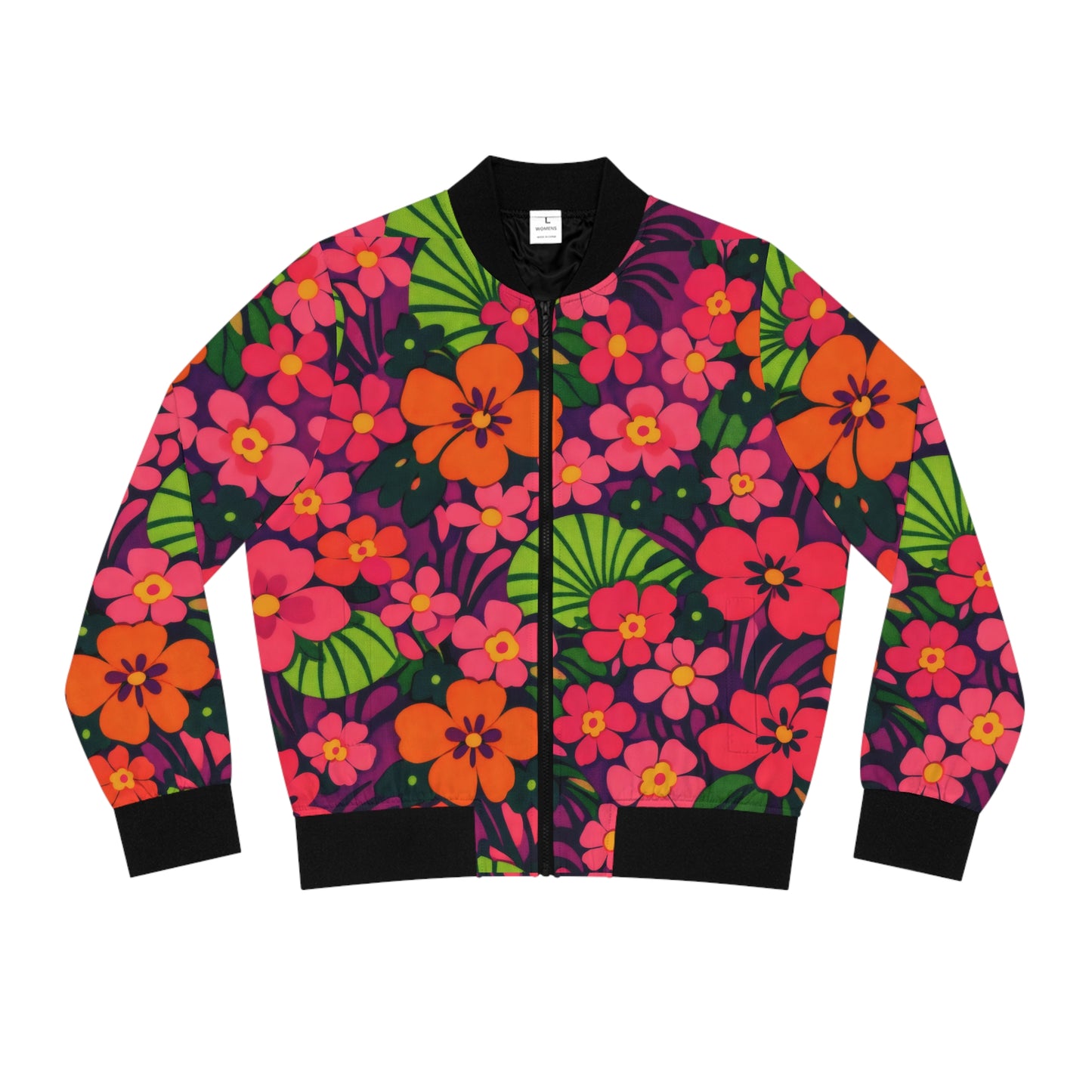Floral Retro Bomber Jacket — Bright Pink & Orange All-Over Print