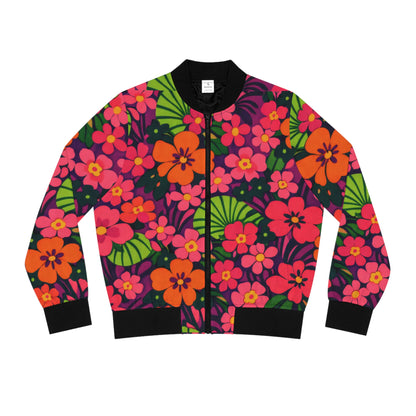 Floral Retro Bomber Jacket — Bright Pink & Orange All-Over Print