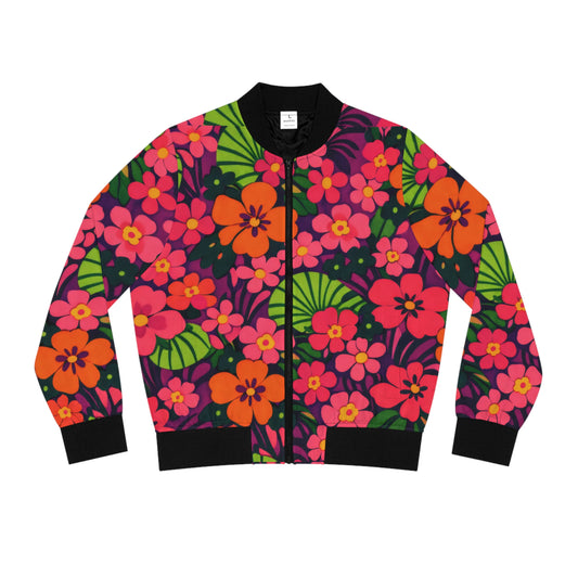 Floral Retro Bomber Jacket — Bright Pink & Orange All-Over Print