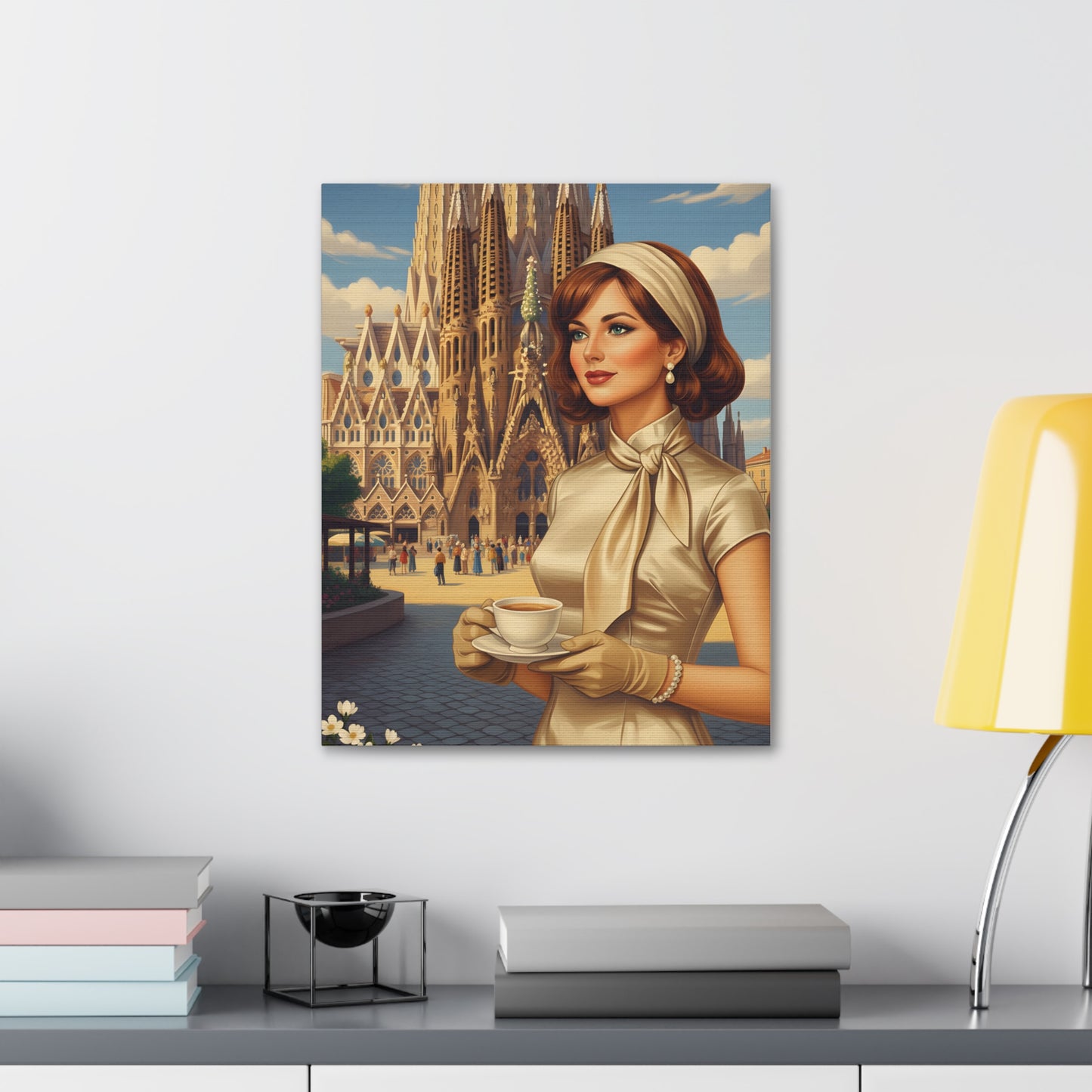 Elegant vintage woman drinking coffee in front of Sagrada Familia in Barcelona, retro fashion illustration Canvas Print - Stretched 1.5"