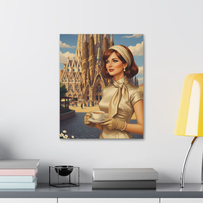 Elegant vintage woman drinking coffee in front of Sagrada Familia in Barcelona, retro fashion illustration Canvas Print - Stretched 1.5"