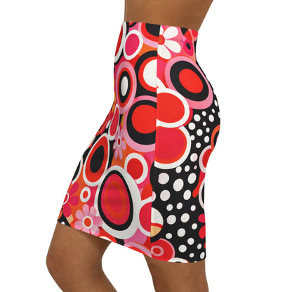 Retro Floral Circle Pencil Skirt — Vibrant 60s-Inspired Mid-Waist Skirt