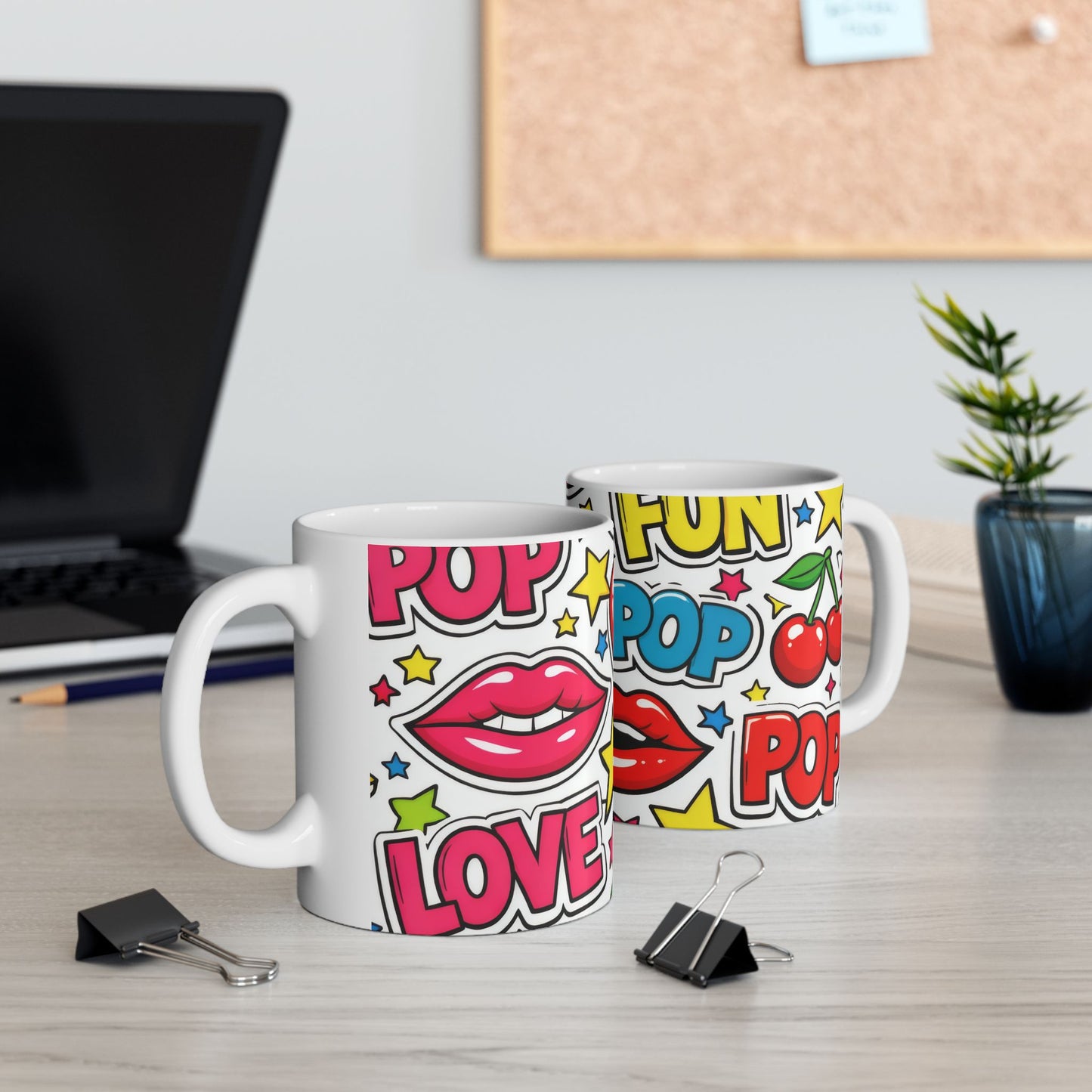 Pop Art Comic Ceramic Mug | Fun Hearts & Lips Coffee Cup (11oz, 15oz)
