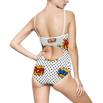Comic Pop Art One‑Piece Swimsuit — "WOW! POW! POP!" Retro Dotted Print