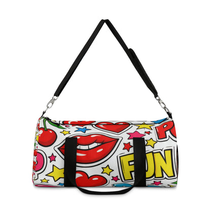 Pop Art Duffel Bag — Retro Hearts, Cherries & Lip Graphic Travel Bag