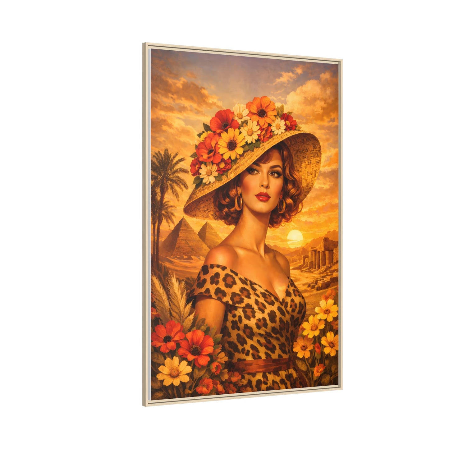 Elegant glamorous vintage woman in Egypt front of Giza pyramids at sunset, retro safari travel fashion illustration, Framed