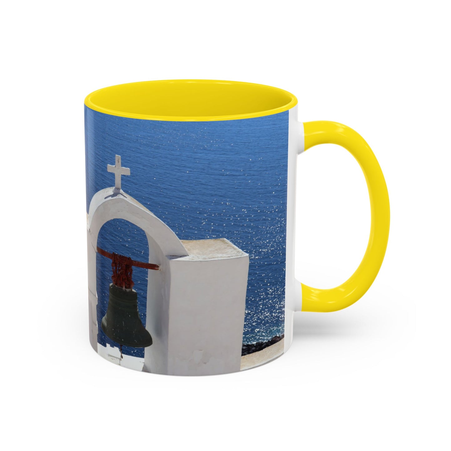 Santorini Bell Towers coffee mug | Greek island scene, blue sea accent mug