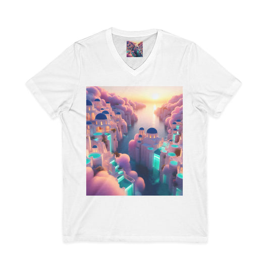 Dreamscape Sunset V-Neck Tee — Floating City Cloudscape Graphic Tee