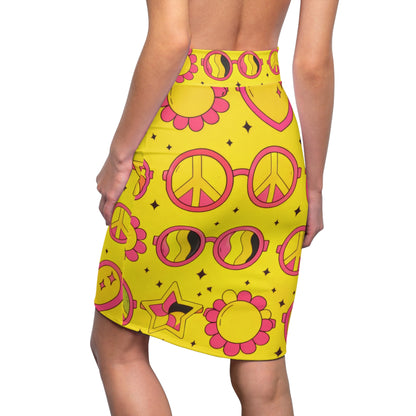Retro 70s Hearts & Peace Pencil Skirt — Yellow Psychedelic Print