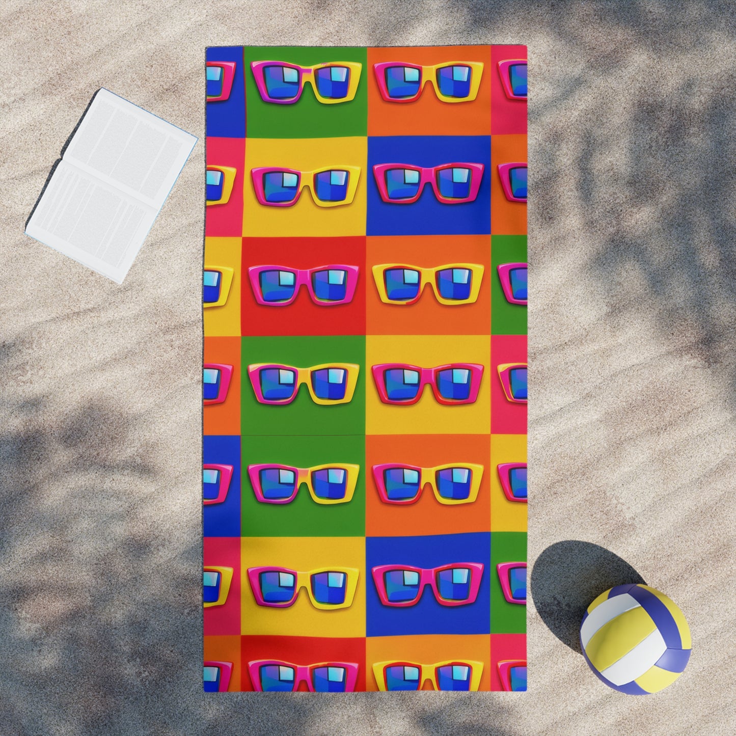 Pop Art Sunglasses Beach Towel — Retro Colorful Grid Summer Towel