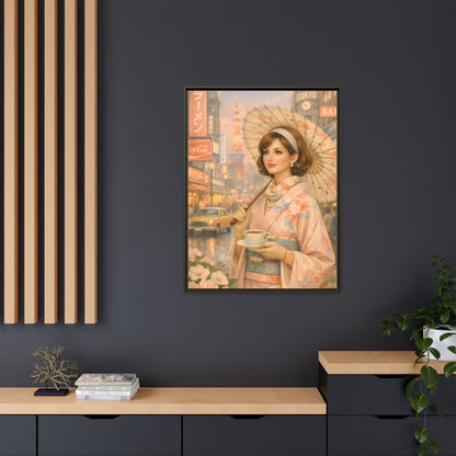 Elegant vintage woman in kimono holding parasol in Tokyo — Framed Matte Canvas Wall Art