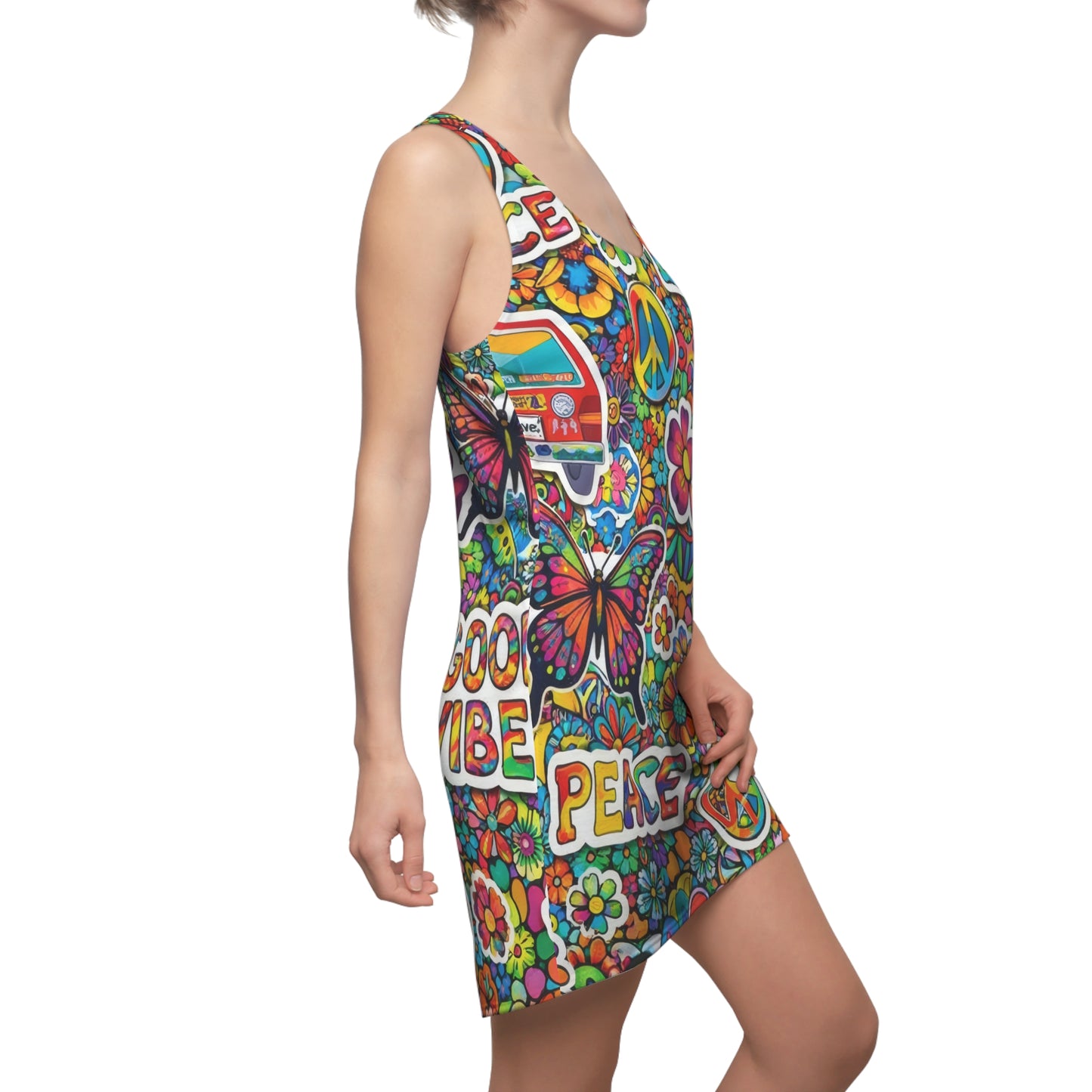 Retro 70s Peace & Love Racerback Dress — Good Vibes All-Over Print