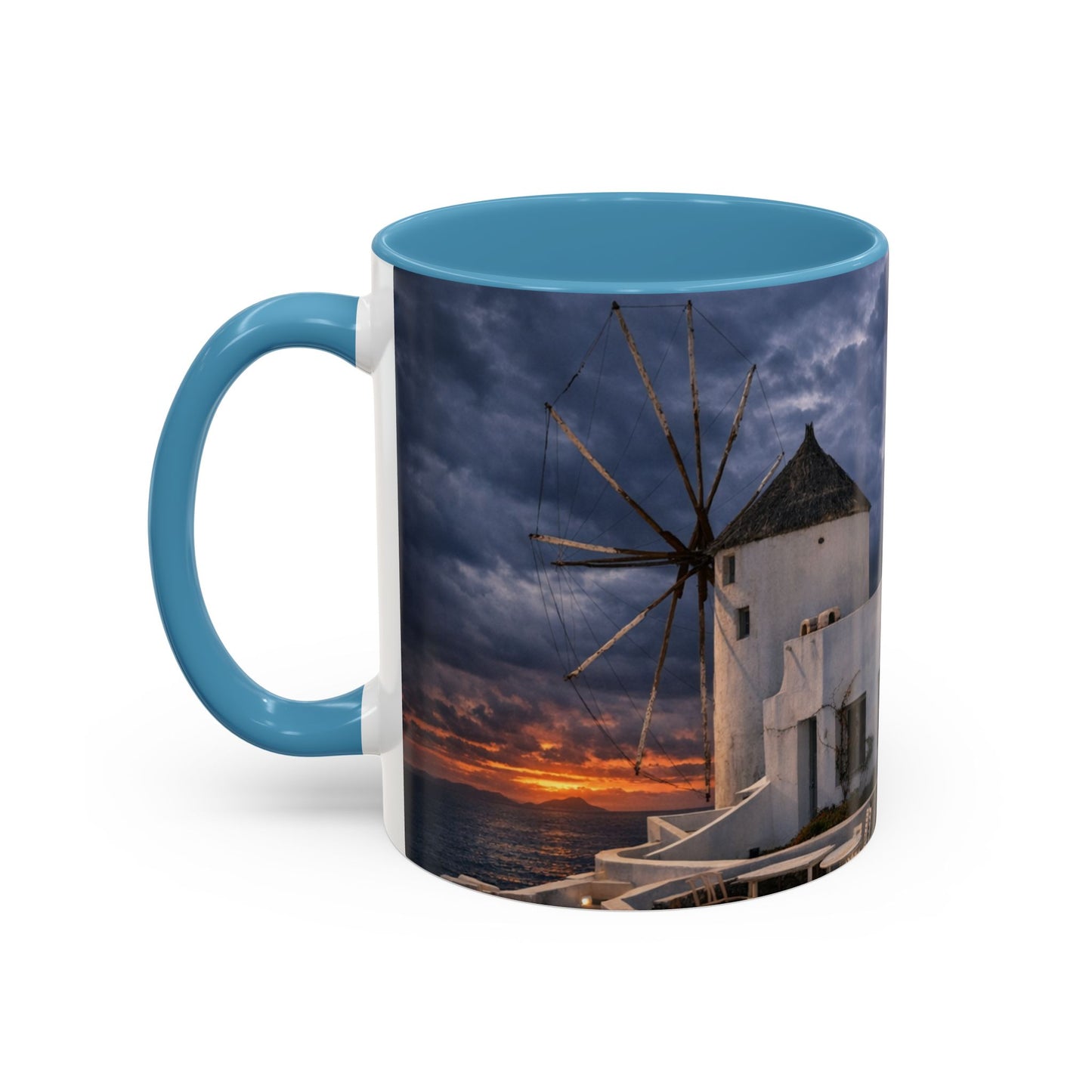Santorini Windmill Storm Coffee Mug | Dramatic Sky Greek Travel Gift