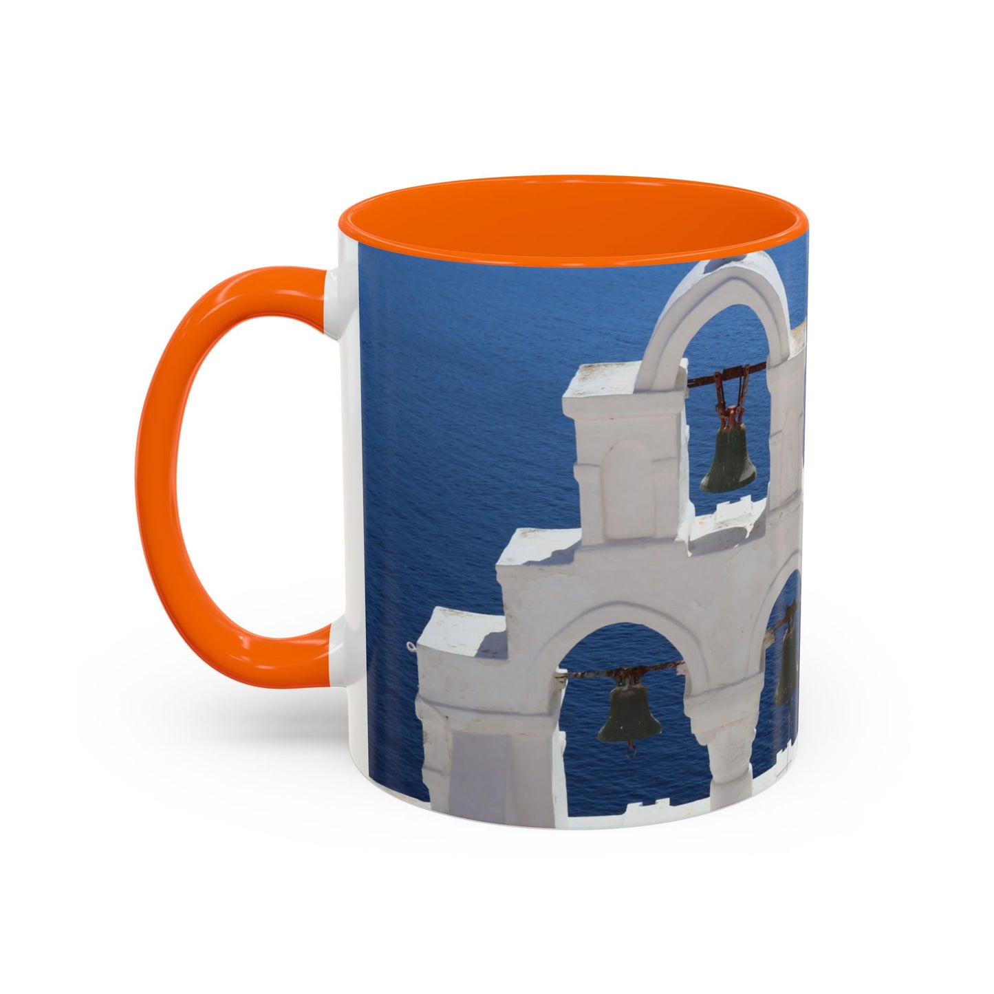 Santorini Bell Towers coffee mug | Greek island scene, blue sea accent mug