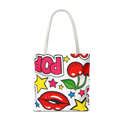 Pop Art Kiss & Cherries Tote Bag — Fun Retro Pattern All-Over Print