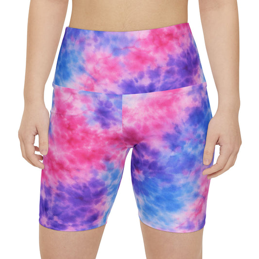 Tie-Dye Pink Purple Blue Women's Workout Shorts — High-Waist Active Biker Shorts