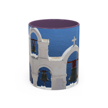 Santorini Bell Towers coffee mug | Greek island scene, blue sea accent mug