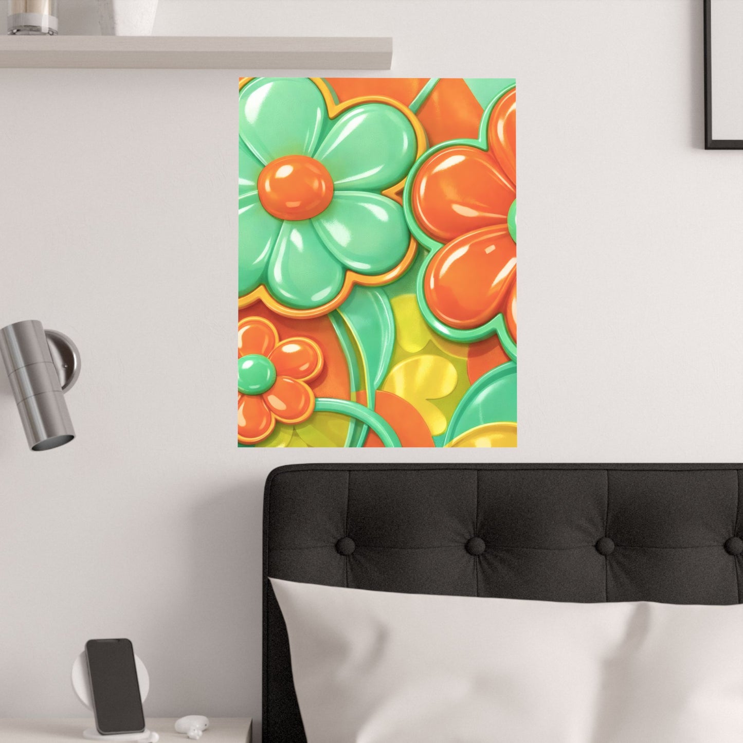 Retro Orange Teal Flower Pattern Poster | Satin Poster