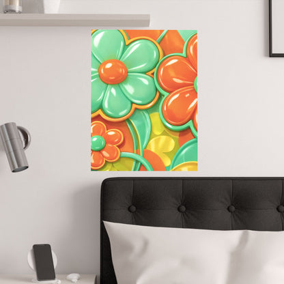 Retro Orange Teal Flower Pattern Poster | Satin Poster