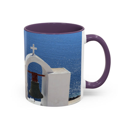Santorini Bell Towers coffee mug | Greek island scene, blue sea accent mug