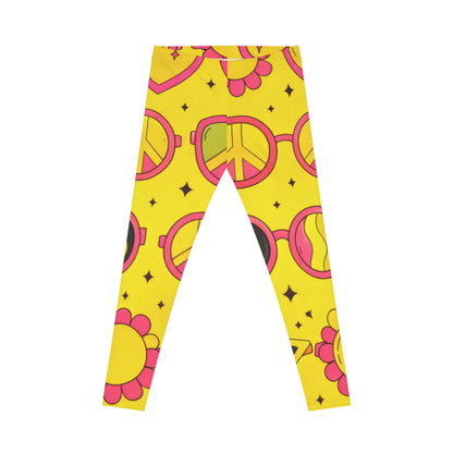 Peace & Love Yellow Pattern Leggings — Retro Heart, Peace Sign & Sun All-Over Print