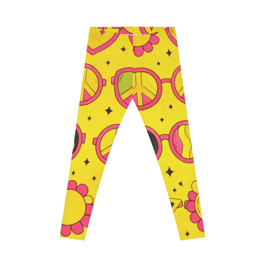 Peace & Love Yellow Pattern Leggings — Retro Heart, Peace Sign & Sun All-Over Print