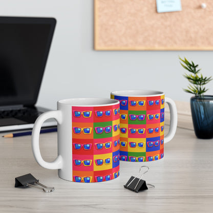 Retro Pop Art Sunglasses Mug — Colorful Patterned Ceramic Coffee Cup (11oz/15oz)