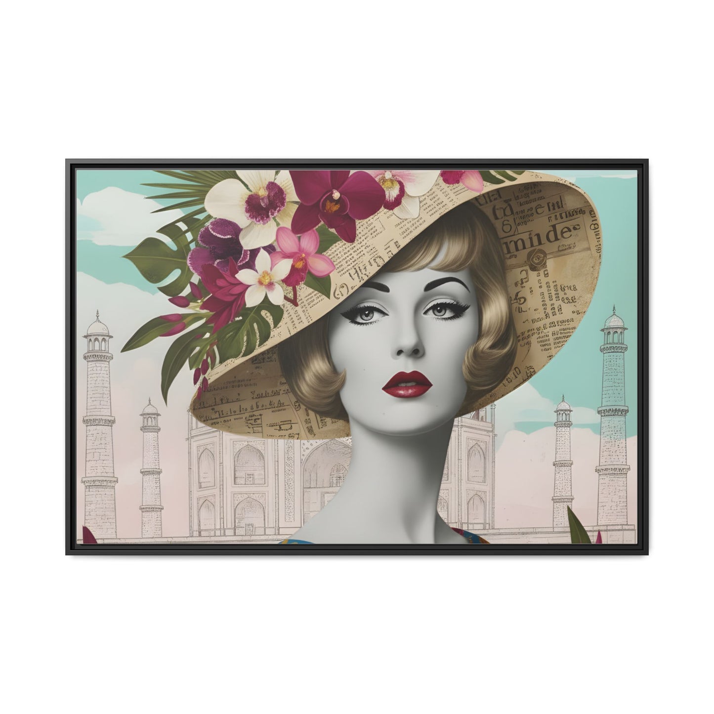 Elegant vintage pop art woman in front of Taj Mahal in India Canvas Wall Art