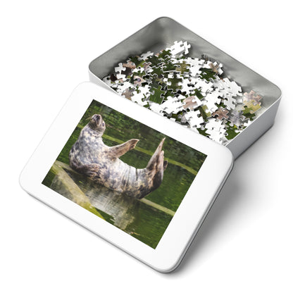 Funny Seal Yoga Jigsaw Puzzle in Tin Box, Relaxed Harbor Seal Game, Cute Marine Life Gift, Quirky Wildlife Puzzle