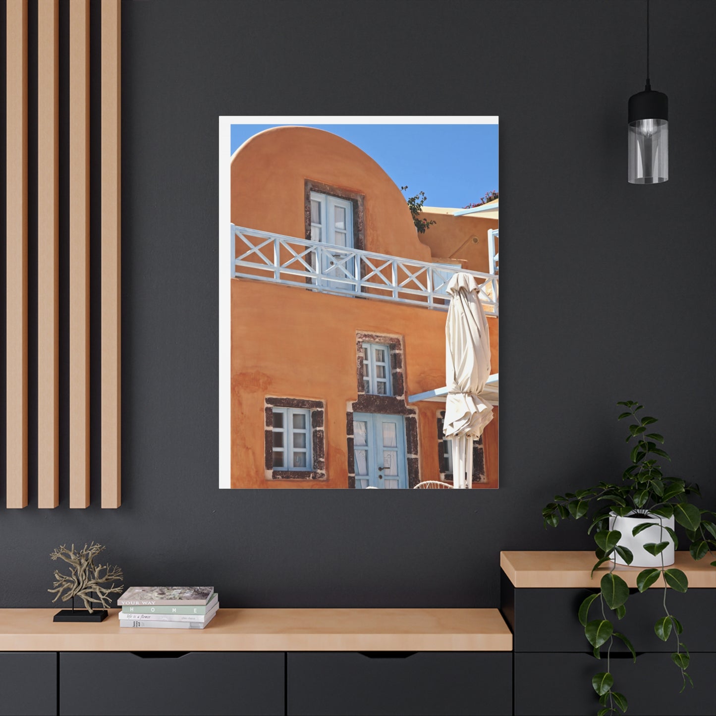 Oia Santorini Orange Facade Canvas — Mediterranean Terracotta Matte Wall Art