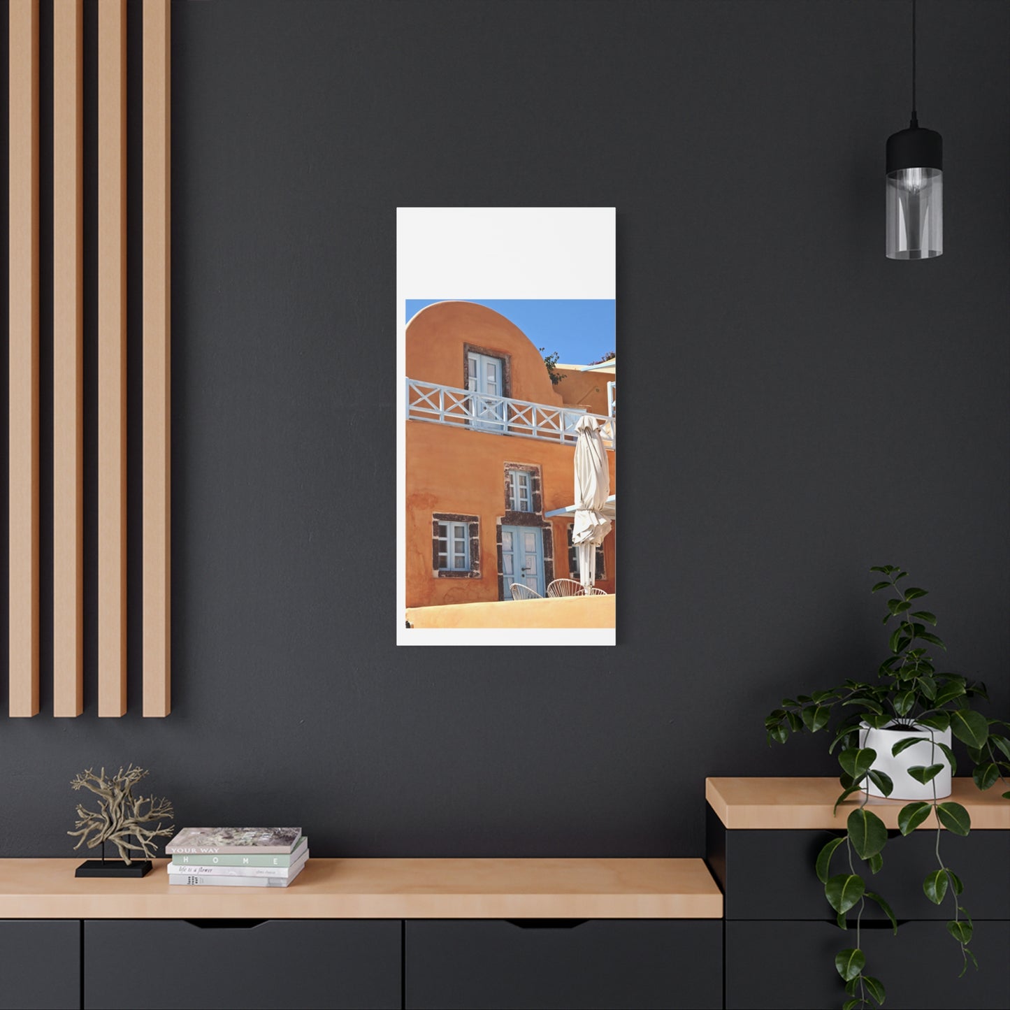Oia Santorini Orange Facade Canvas — Mediterranean Terracotta Matte Wall Art