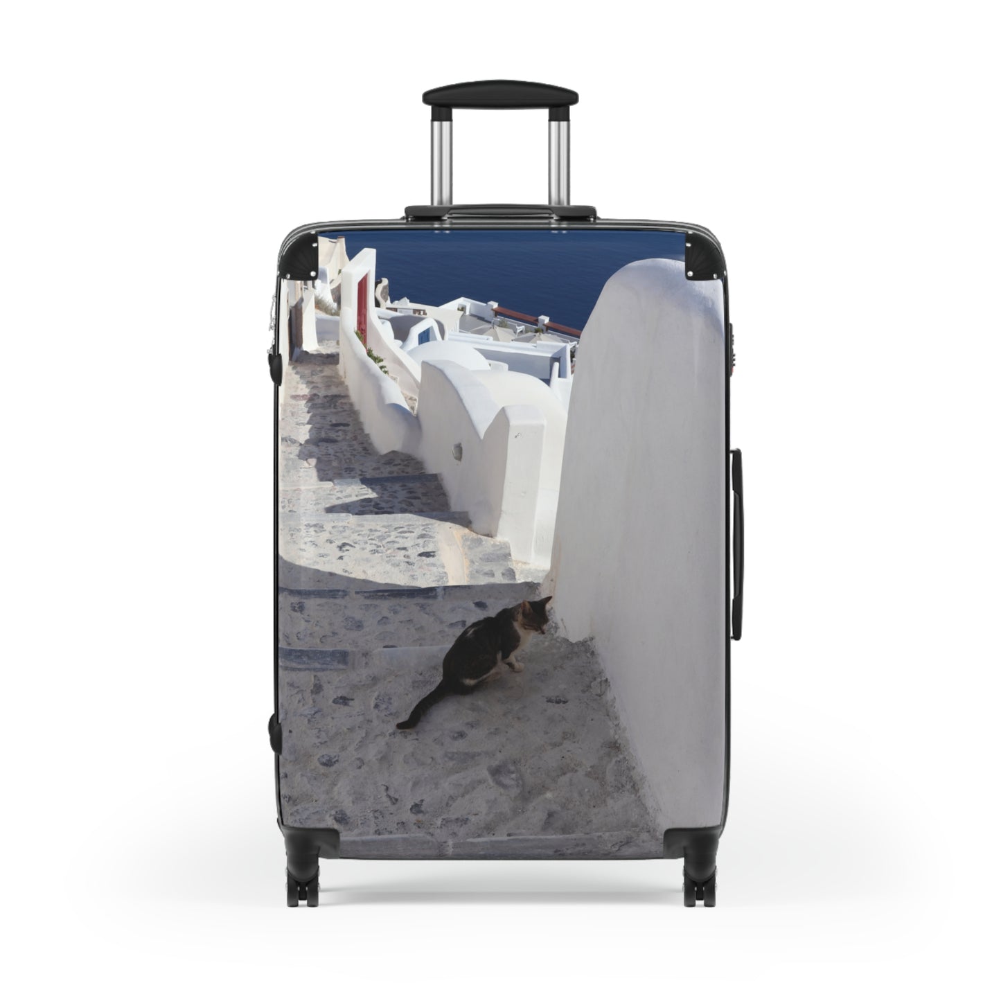 Luxury Santorini Oia Suitcase — Ghost City Edition — Lone Cat on Empty Streets Photography
