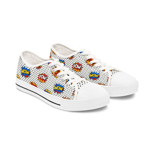 White sneakers with colorful 'POW' and 'WOW' designs on a white background