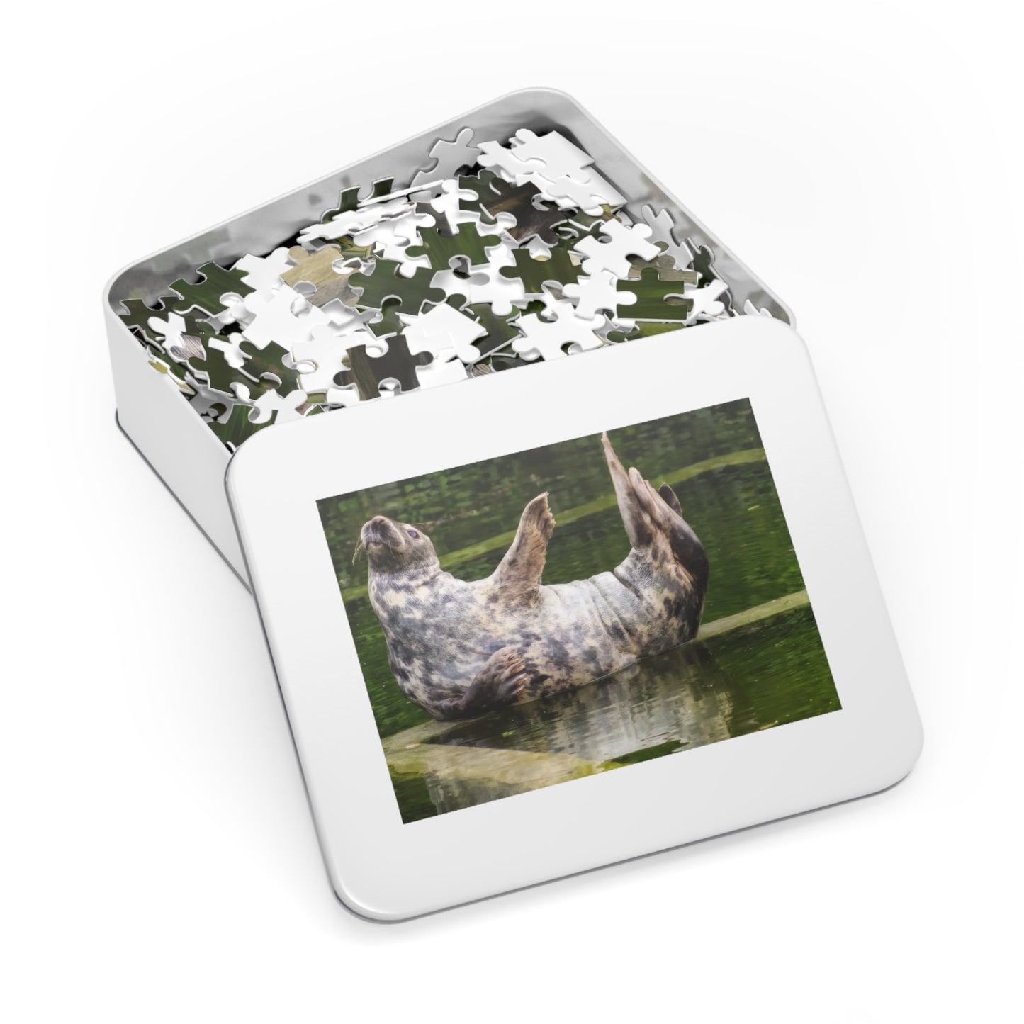 Funny Seal Yoga Jigsaw Puzzle in Tin Box, Relaxed Harbor Seal Game, Cute Marine Life Gift, Quirky Wildlife Puzzle