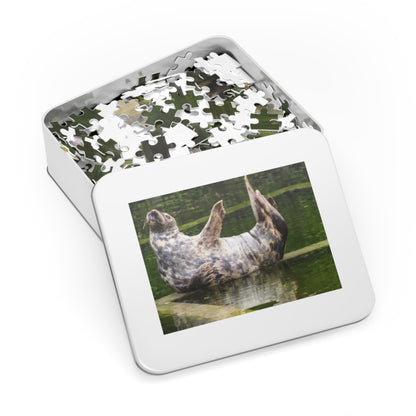 Funny Seal Yoga Jigsaw Puzzle in Tin Box, Relaxed Harbor Seal Game, Cute Marine Life Gift, Quirky Wildlife Puzzle