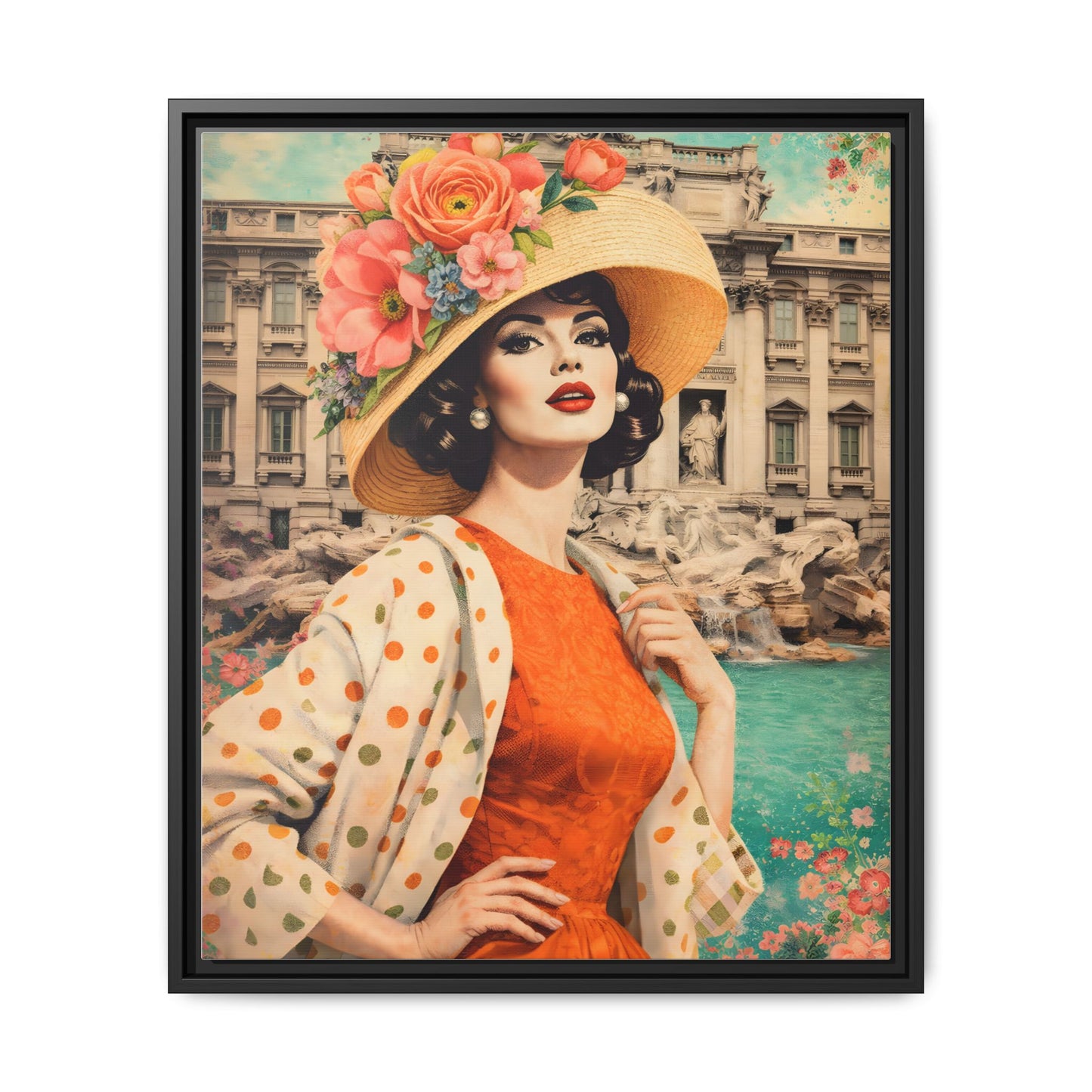 Elegant glamorous vintage woman in Rome front of Trevi Fountain, retro Italian travel fashion illustration,Framed Matte Canvas Art