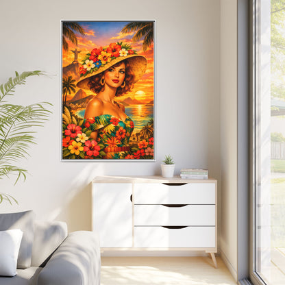 Elegant glamorous vintage woman in Rio de Janeiro front of Christ the Redeemer statue, retro Brazilian travel fashion illustration Canvas — Framed