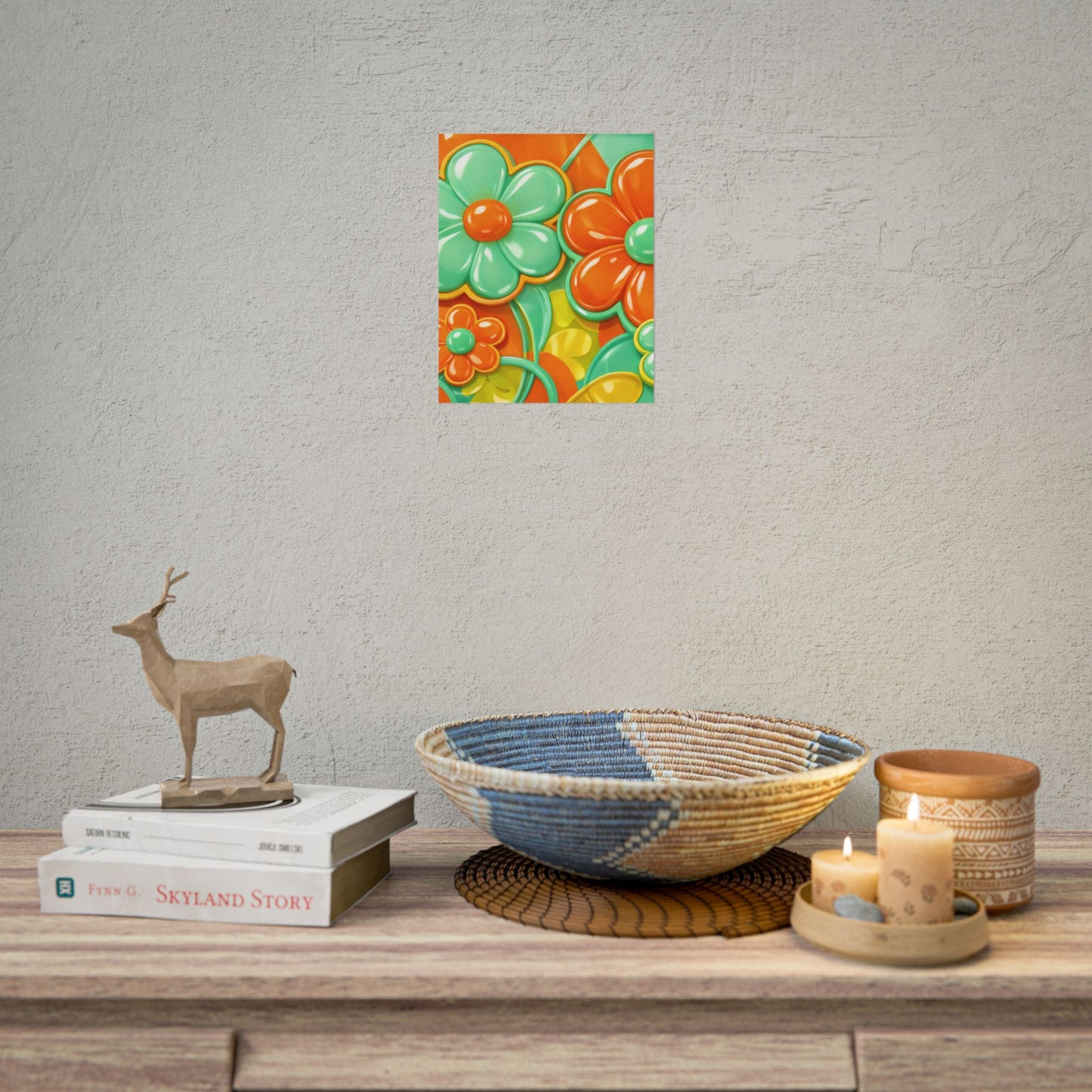 Retro Floral Pop Art Rolled Poster | Orange Teal Flower Print