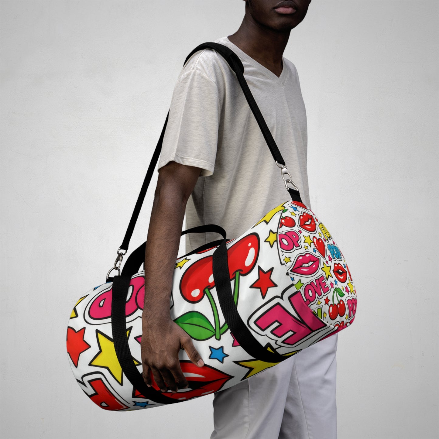 Pop Art Duffel Bag — Retro Hearts, Cherries & Lip Graphic Travel Bag