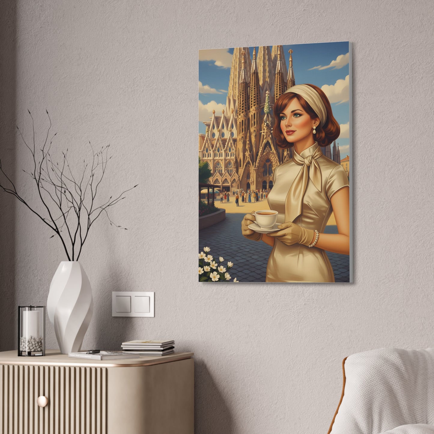 Elegant vintage woman drinking coffee in front of Sagrada Familia in Barcelona, retro fashion illustration Canvas Print - Stretched 1.5"