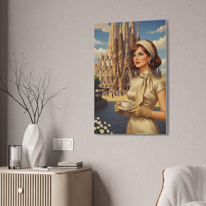 Elegant vintage woman drinking coffee in front of Sagrada Familia in Barcelona, retro fashion illustration Canvas Print - Stretched 1.5"