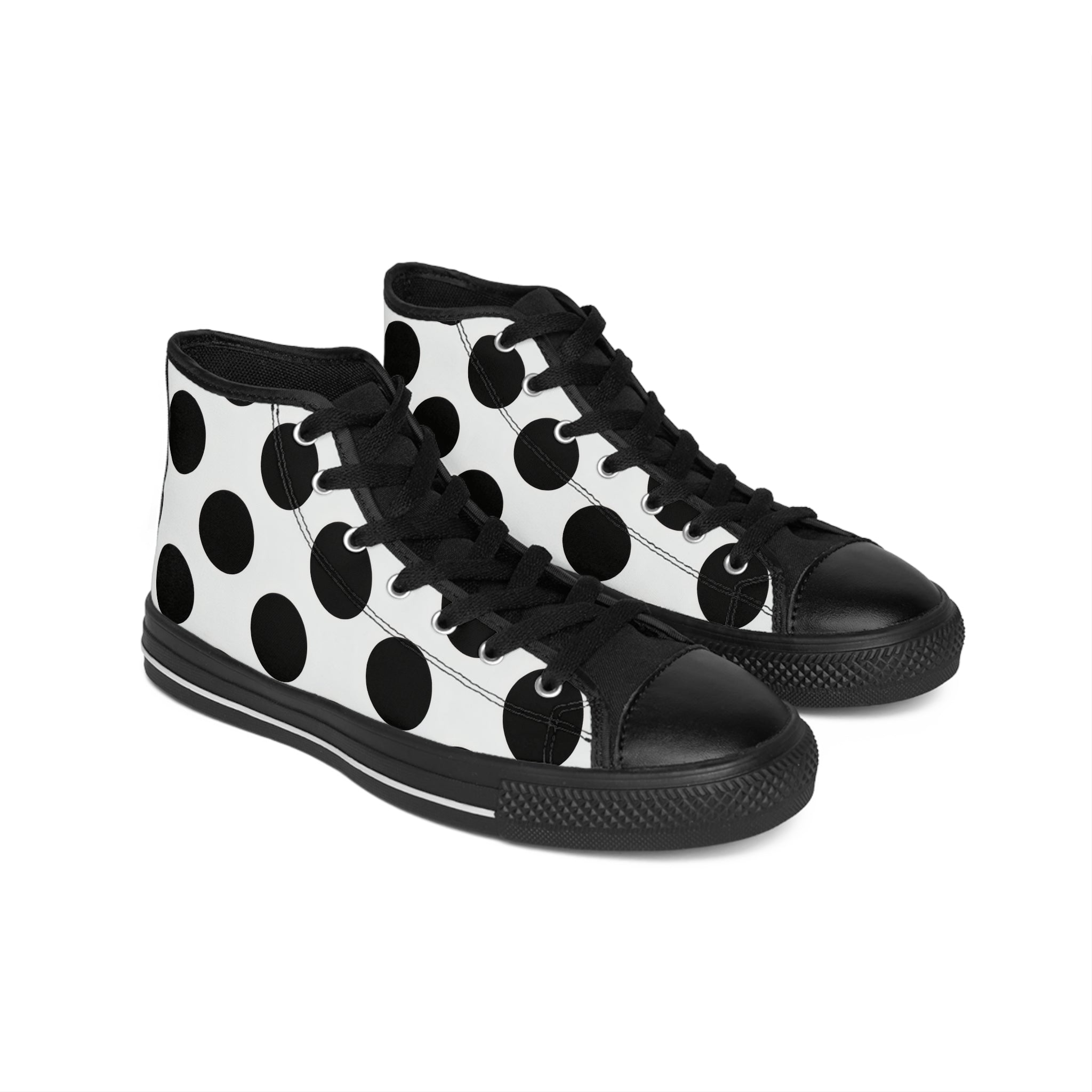 Black and white polka dot high-top sneakers on a white background