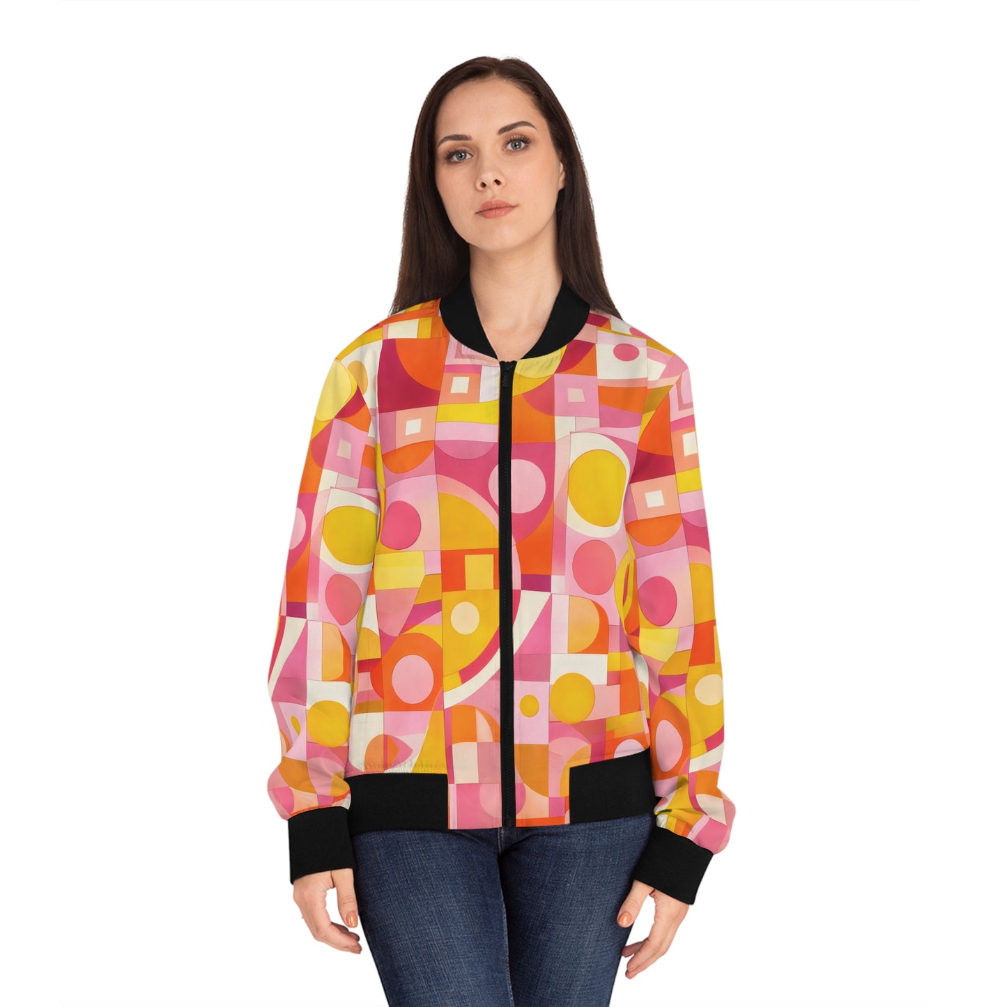 Retro Geometric Bomber Jacket — Pink & Yellow Abstract Pattern