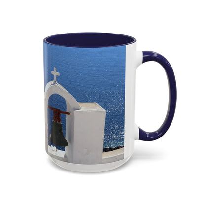 Santorini Bell Towers coffee mug | Greek island scene, blue sea accent mug