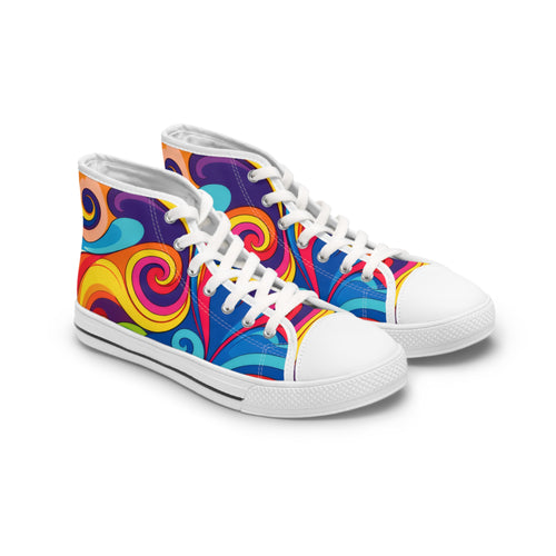 Colorful high-top sneakers with a swirling pattern on a white background