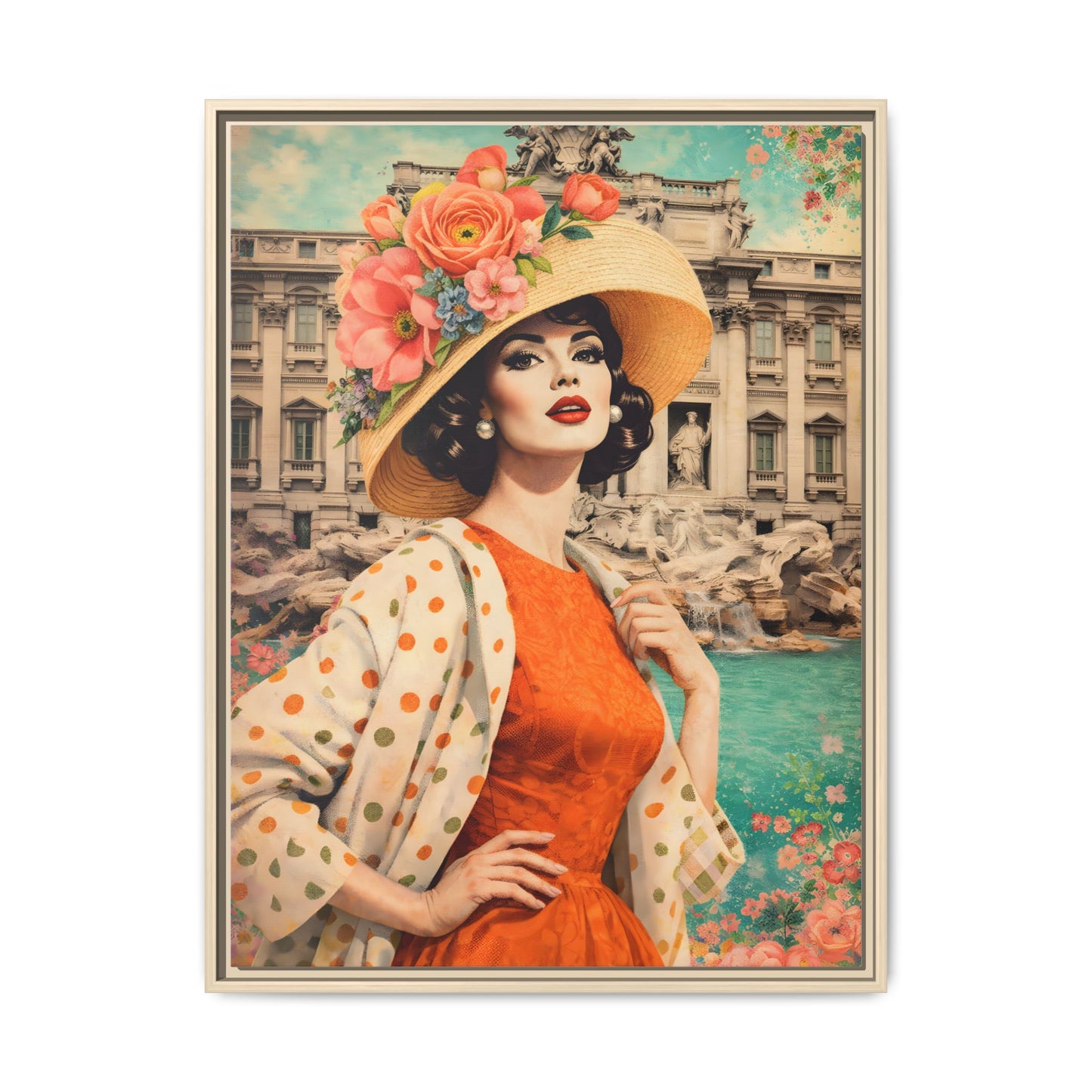 Elegant glamorous vintage woman in Rome front of Trevi Fountain, retro Italian travel fashion illustration,Framed Matte Canvas Art